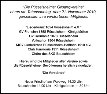 Traueranzeige von Totensonntag Rüsselsheimer Vereine von Rüsselsheimer Echo, Groß-Gerauer-Echo, Ried Echo