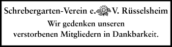 Traueranzeige von Schrebergartenverein Rüsselsheim von Rüsselsheimer Echo, Groß-Gerauer-Echo, Ried Echo
