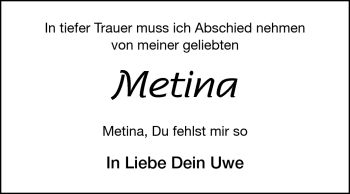 Traueranzeige von Metina - von Echo-Zeitungen (Gesamtausgabe)