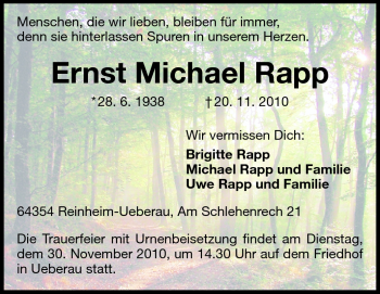 Traueranzeige von Ernst Michael Rapp von Darmstädter Echo, Odenwälder Echo, Rüsselsheimer Echo, Groß-Gerauer-Echo, Ried Echo
