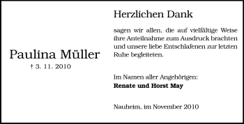 Traueranzeige von Paulina Müller von Rüsselsheimer Echo, Groß-Gerauer-Echo, Ried Echo