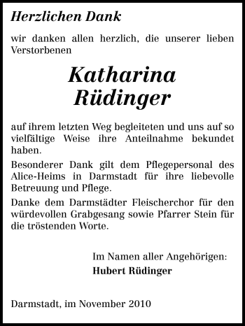 Traueranzeige von Katharina Rüdinger von Darmstädter Echo, Odenwälder Echo, Rüsselsheimer Echo, Groß-Gerauer-Echo, Ried Echo