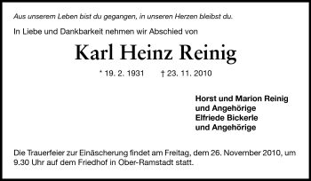 Traueranzeige von Karl Heinz Reinig von Darmstädter Echo, Odenwälder Echo, Rüsselsheimer Echo, Groß-Gerauer-Echo, Ried Echo