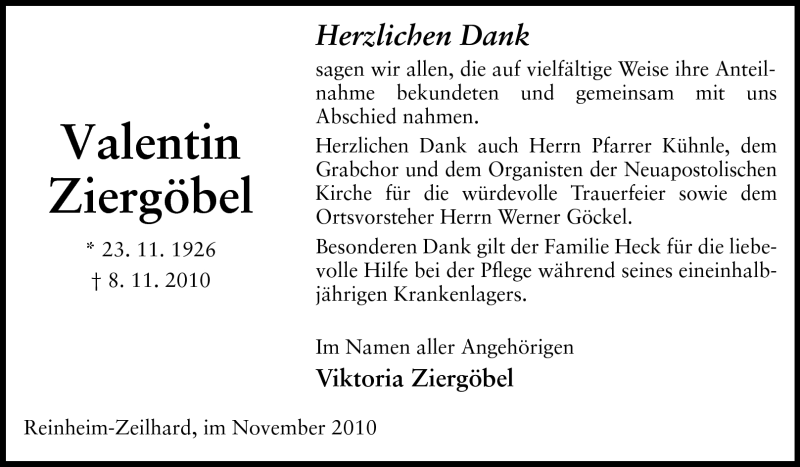  Traueranzeige für Valentin Ziergöbel vom 27.11.2010 aus Echo-Zeitungen (Gesamtausgabe)