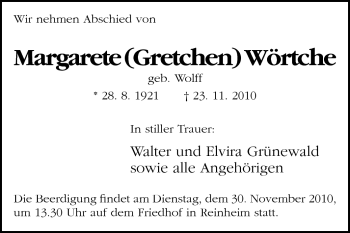 Traueranzeige von Margarete Wörtche von Darmstädter Echo, Odenwälder Echo, Rüsselsheimer Echo, Groß-Gerauer-Echo, Ried Echo