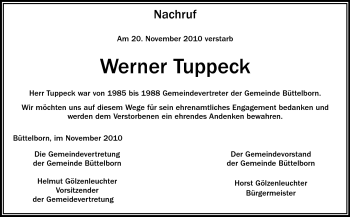Traueranzeige von Werner Tuppeck von Rüsselsheimer Echo, Groß-Gerauer-Echo, Ried Echo