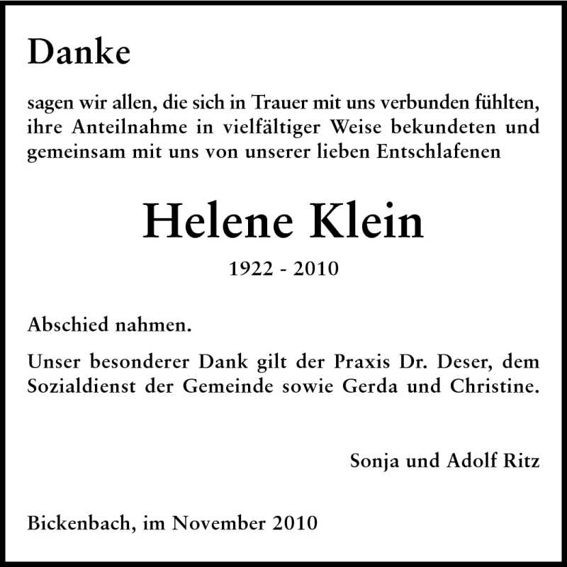  Traueranzeige für Helene Klein vom 27.11.2010 aus Echo-Zeitungen (Gesamtausgabe)