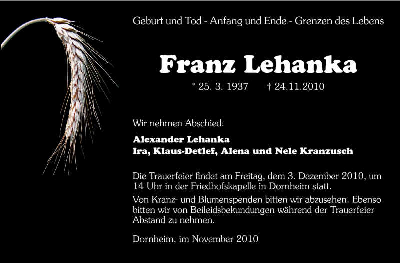 Traueranzeige für Franz Lehanka vom 01.12.2010 aus Rüsselsheimer Echo, Groß-Gerauer-Echo, Ried Echo