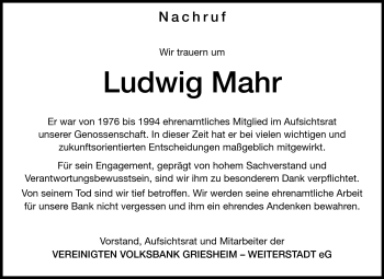 Traueranzeige von Ludwig Mahr von Darmstädter Echo, Odenwälder Echo, Rüsselsheimer Echo, Groß-Gerauer-Echo, Ried Echo