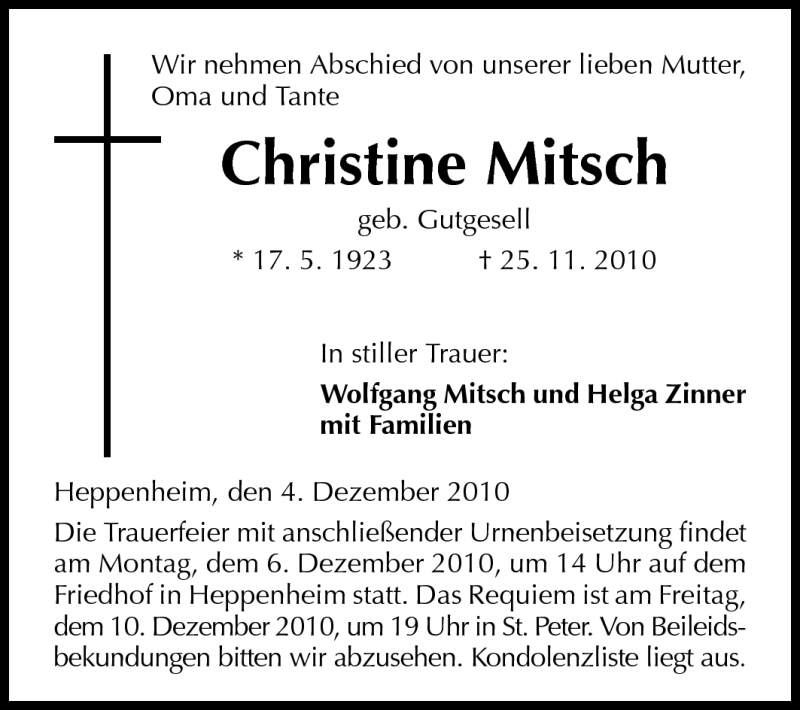  Traueranzeige für Christine Mitsch vom 04.12.2010 aus Starkenburger Echo