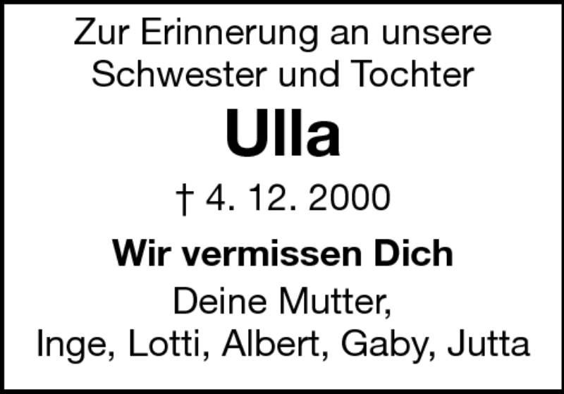  Traueranzeige für Ulla - vom 04.12.2010 aus Echo-Zeitungen (Gesamtausgabe)