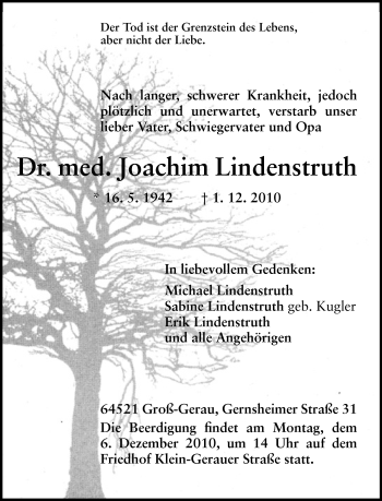 Traueranzeige von Dr.med. Joachim Lindenstruth von Darmstädter Echo, Odenwälder Echo, Rüsselsheimer Echo, Groß-Gerauer-Echo, Ried Echo