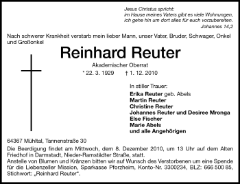 Traueranzeige von Reinhard Reuter von Darmstädter Echo, Odenwälder Echo, Rüsselsheimer Echo, Groß-Gerauer-Echo, Ried Echo
