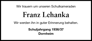 Traueranzeige von Franz Lehanka von Rüsselsheimer Echo, Groß-Gerauer-Echo, Ried Echo