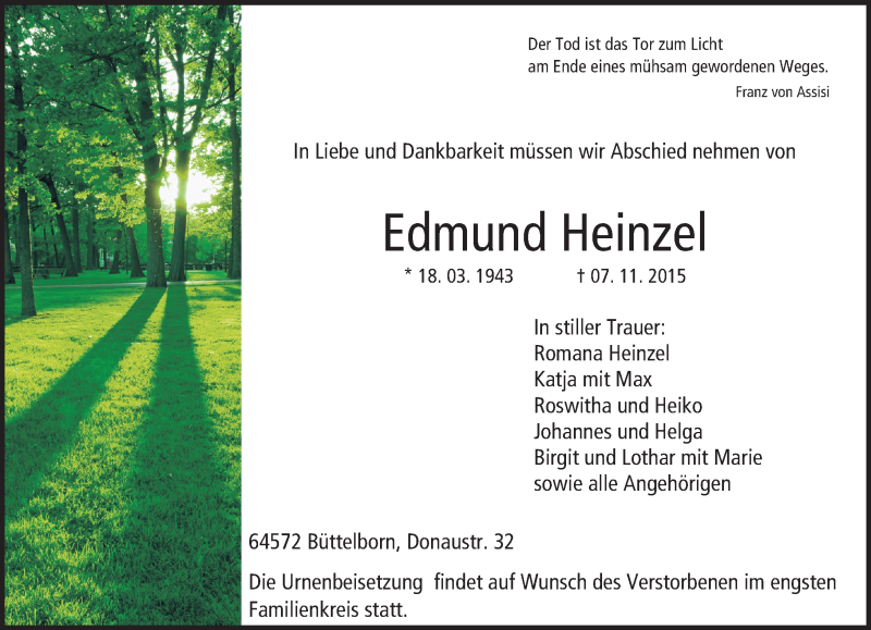 Traueranzeige für Edmund Heinzel vom 14.11.2015 aus trauer.echo-online.de