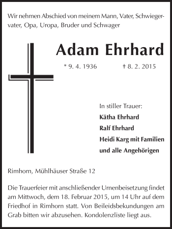 Traueranzeige von Adam Ehrhard von Odenwälder Echo