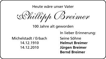 Traueranzeige von Phillipp Breimer von Odenwälder Echo