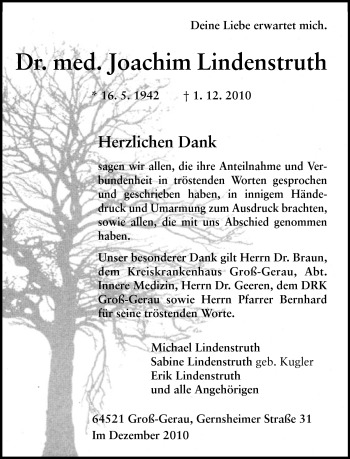 Traueranzeige von Dr.med. Joachim Lindenstruth von Darmstädter Echo, Odenwälder Echo, Rüsselsheimer Echo, Groß-Gerauer-Echo, Ried Echo