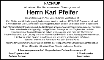Traueranzeige von Karl Pfeifer von Starkenburger Echo