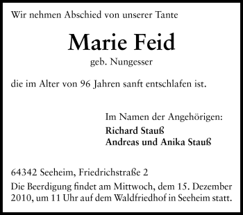 Traueranzeige von Marie Feid von Echo-Zeitungen (Gesamtausgabe)