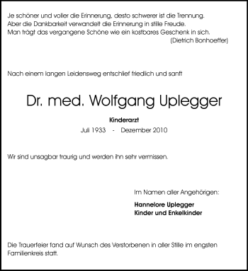 Traueranzeige von Wolfgang Uplegger von Echo-Zeitungen (Gesamtausgabe)