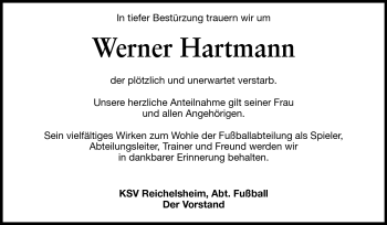 Traueranzeige von Werner Hartmann von Odenwälder Echo