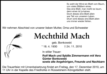 Traueranzeige von Mach Mechthild von Rüsselsheimer Echo, Groß-Gerauer-Echo, Ried Echo