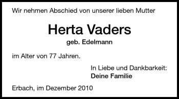 Traueranzeige von Herta Vaders von Odenwälder Echo