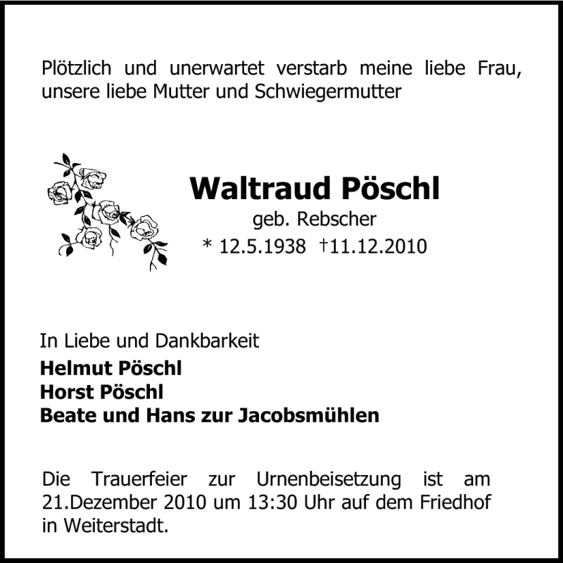  Traueranzeige für Pöschl Waltraud vom 18.12.2010 aus Echo-Zeitungen (Gesamtausgabe)