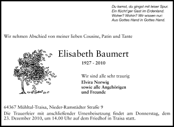 Traueranzeige von Elisabeth Baumert von Echo-Zeitungen (Gesamtausgabe)