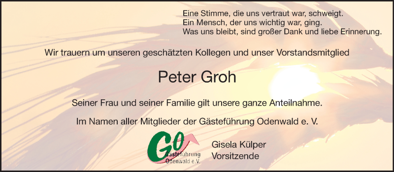  Traueranzeige für Peter Groh vom 18.07.2015 aus Odenwälder Echo