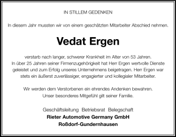 Traueranzeige von Vedat Ergen von Echo-Zeitungen (Gesamtausgabe)