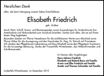 Traueranzeige von Elisabeth Friedrich von Echo-Zeitungen (Gesamtausgabe)