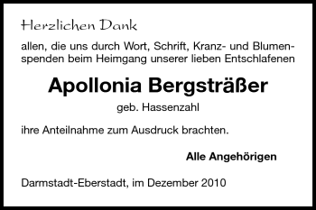 Traueranzeige von Appollonia Bergsträßer von Echo-Zeitungen (Gesamtausgabe)