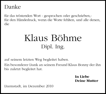 Traueranzeige von Klaus Böhme von Darmstädter Echo, Odenwälder Echo, Rüsselsheimer Echo, Groß-Gerauer-Echo, Ried Echo
