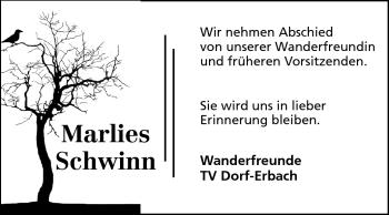 Traueranzeige von Marlies Schwinn von Odenwälder Echo