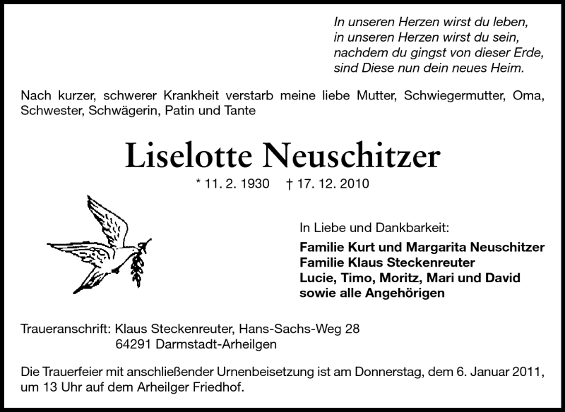  Traueranzeige für Liselotte Neuschitzer vom 03.01.2011 aus Echo-Zeitungen (Gesamtausgabe)