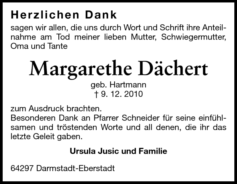  Traueranzeige für Margarethe Dächert vom 31.12.2010 aus Echo-Zeitungen (Gesamtausgabe)