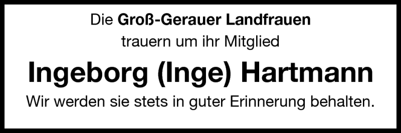  Traueranzeige für Ingeborg Hartmann vom 03.01.2011 aus Rüsselsheimer Echo, Groß-Gerauer-Echo, Ried Echo