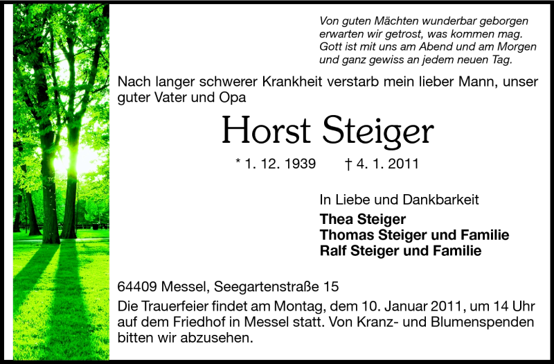  Traueranzeige für Horst Steiger vom 06.01.2011 aus Echo-Zeitungen (Gesamtausgabe)