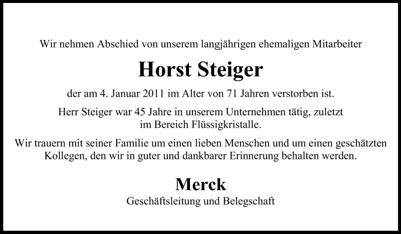  Traueranzeige für Horst Steiger vom 07.01.2011 aus Echo-Zeitungen (Gesamtausgabe)