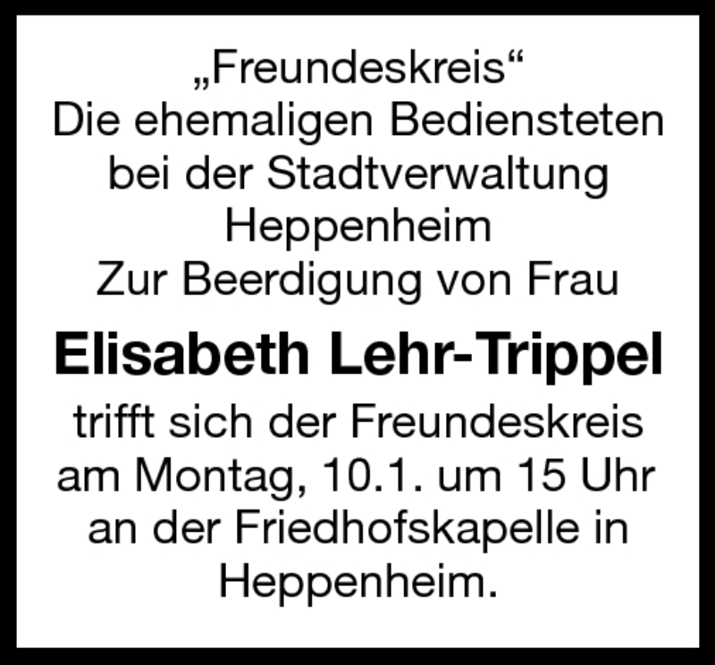  Traueranzeige für Elisabeth Lehr-Trippel vom 07.01.2011 aus Starkenburger Echo