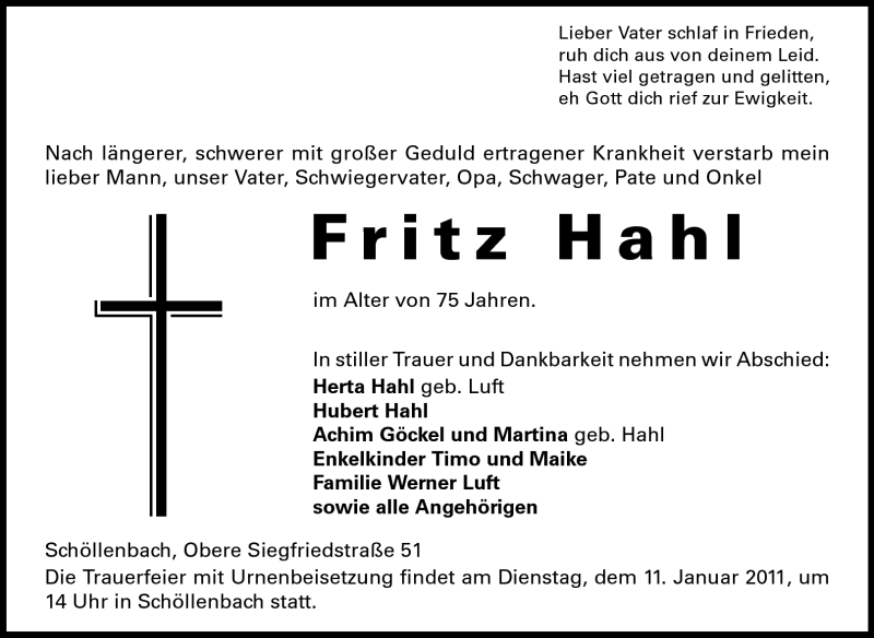  Traueranzeige für Fritz Hahl vom 10.01.2011 aus Odenwälder Echo