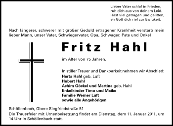 Traueranzeige von Fritz Hahl von Odenwälder Echo