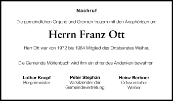 Traueranzeige von Franz Ott von Starkenburger Echo