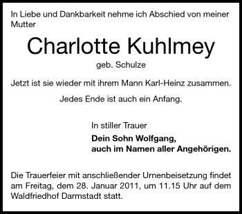 Traueranzeige von Charlotte Kuhlmey von Darmstädter Echo, Odenwälder Echo, Rüsselsheimer Echo, Groß-Gerauer-Echo, Ried Echo
