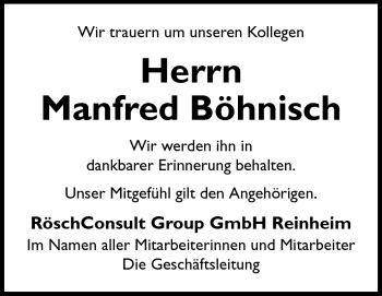 Traueranzeige von Manfred Böhnisch von Echo-Zeitungen (Gesamtausgabe)