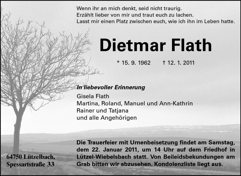  Traueranzeige für Dietmar Flath vom 18.01.2011 aus Echo-Zeitungen (Gesamtausgabe)
