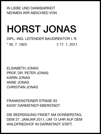 Traueranzeige von Horst Jonas von Darmstädter Echo, Odenwälder Echo, Rüsselsheimer Echo, Groß-Gerauer-Echo, Ried Echo