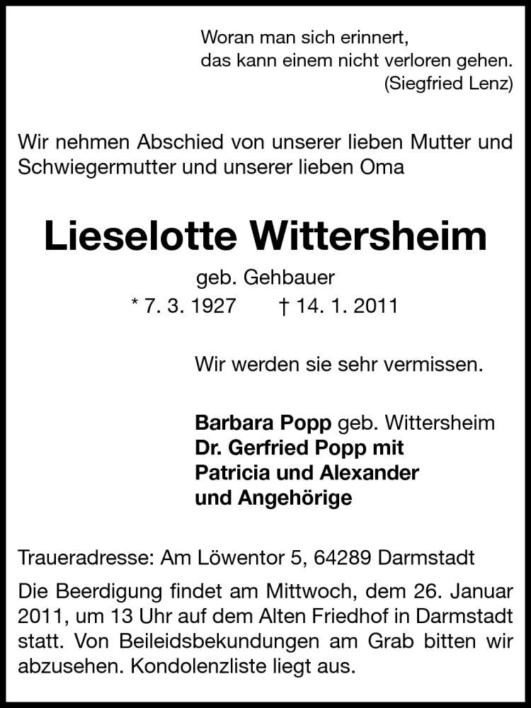  Traueranzeige für Lieselotte Wittersheim vom 22.01.2011 aus Echo-Zeitungen (Gesamtausgabe)